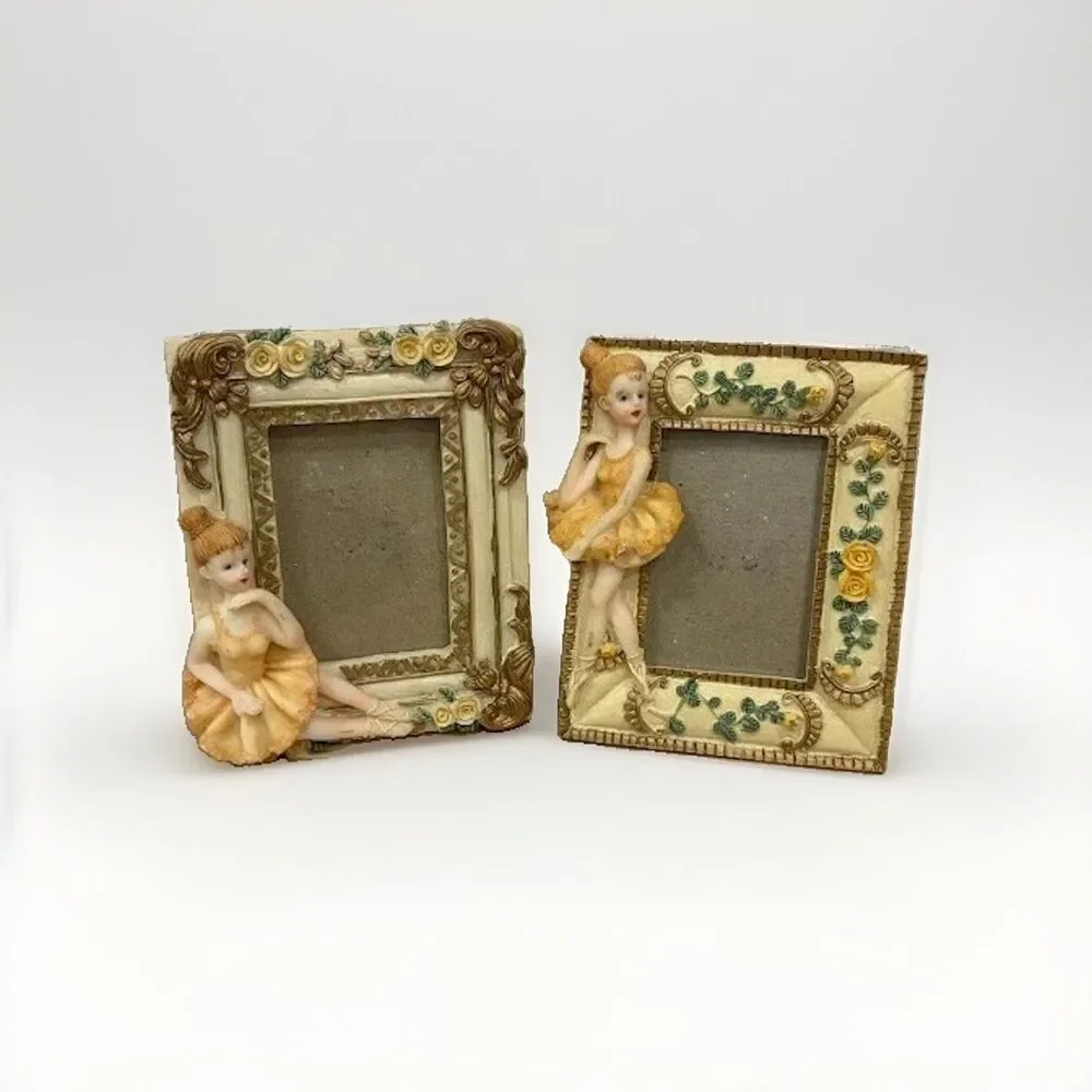 2 Yellow Rose Gold Accent Ballerina Vintage Stand Picture Frames 4 1/4